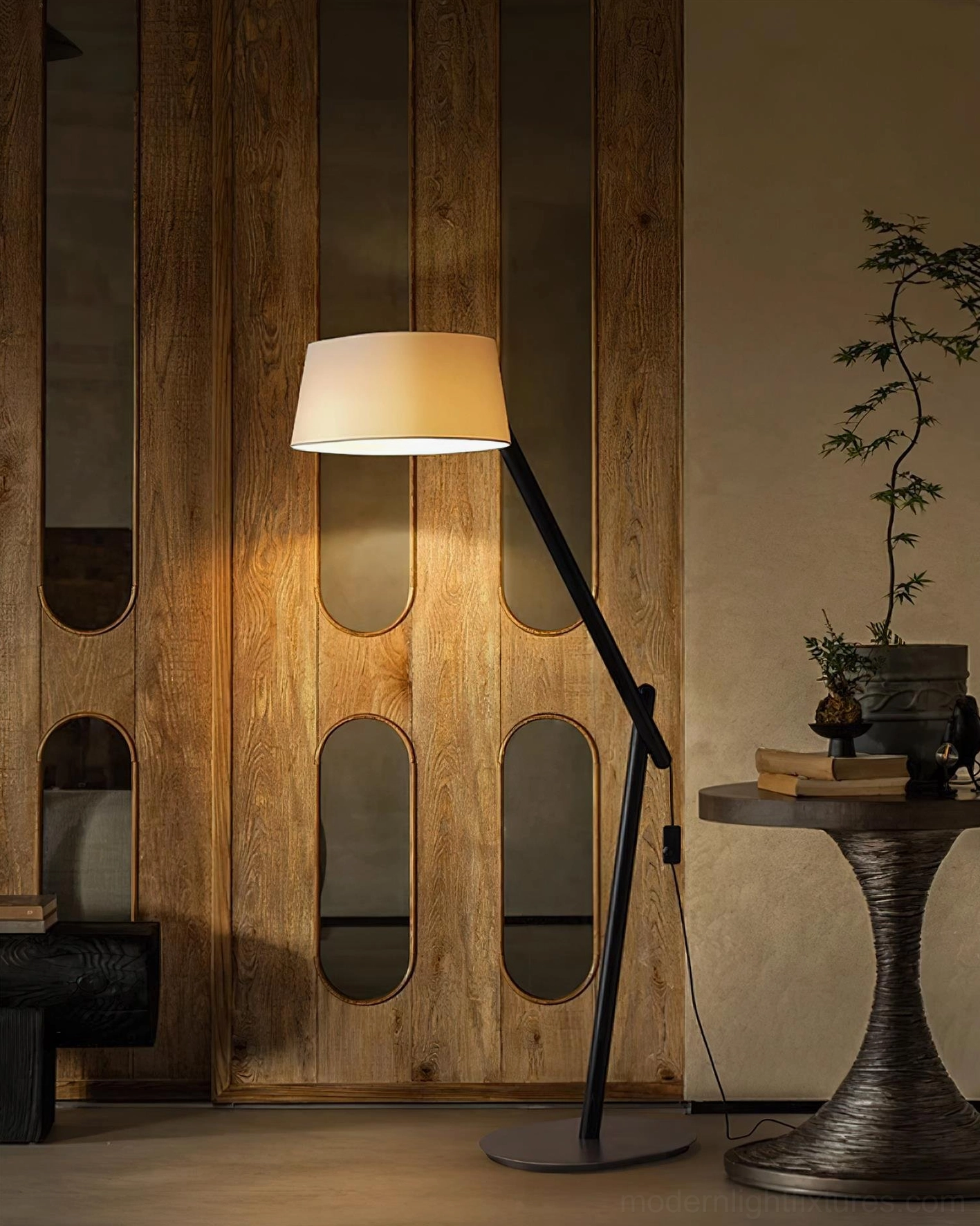 Modern arc floor lamp with slender angular construction in high-quality materials