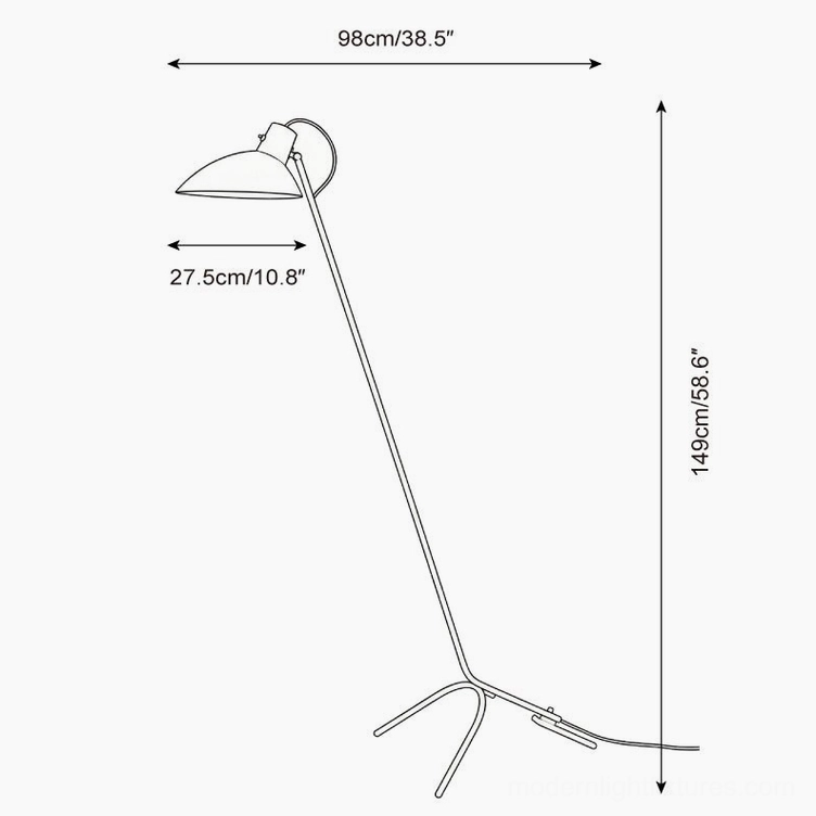 Technical line drawing specification diagram of modern arc tripod floor lamp with precise dimensional measurements