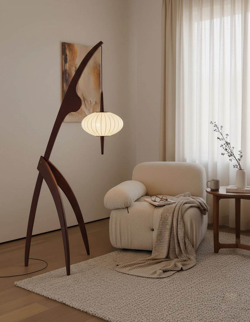 Contemporary arc floor lamp with curved wood design and fabric shade three-quarter view