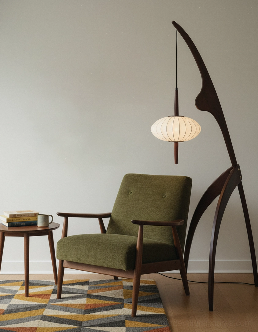 Arc floor lamp with dark walnut frame and off-white fabric shade beside green armchair corner
