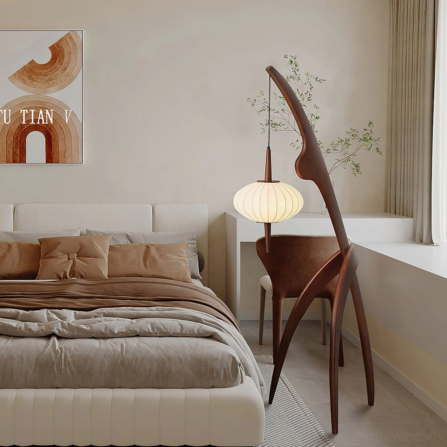 Modern arc floor lamp with walnut wooden frame and fabric shade in contemporary interior