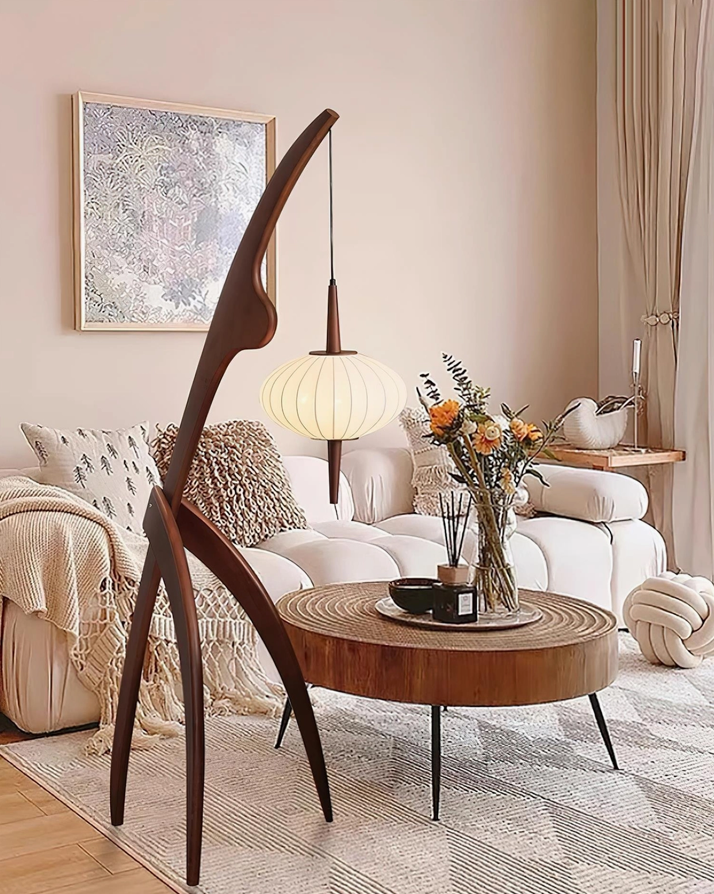 Modern arc floor lamp design showing wooden construction and fabric shade assembly