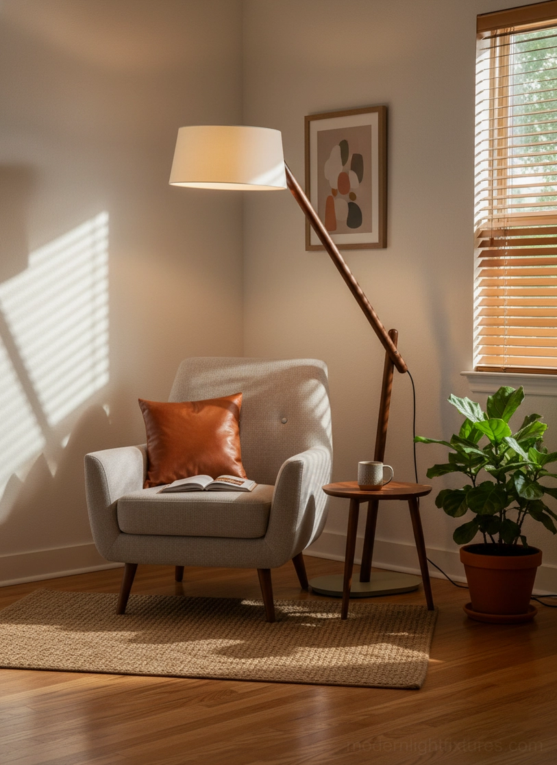 Modern arc floor lamp with angled metal arm and curved light-diffusing shade in interior setting
