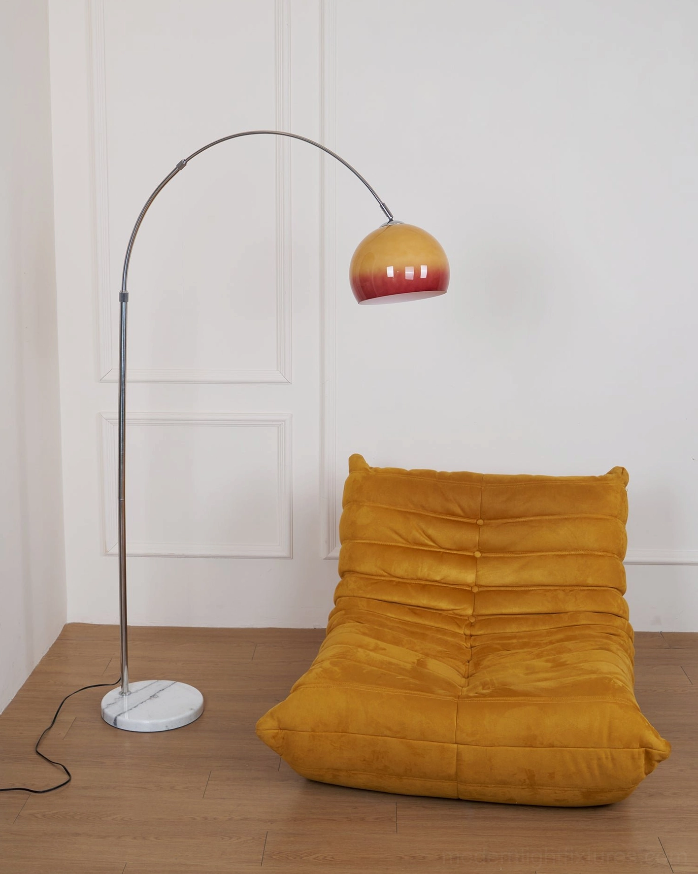 Modern arc floor lamp chrome and orange variant showing balanced color palette