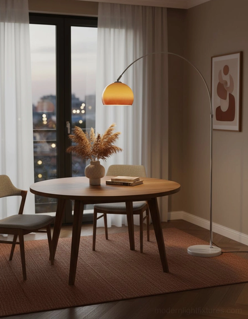 Modern arc floor lamp chrome and orange red option with spherical shade in bedroom