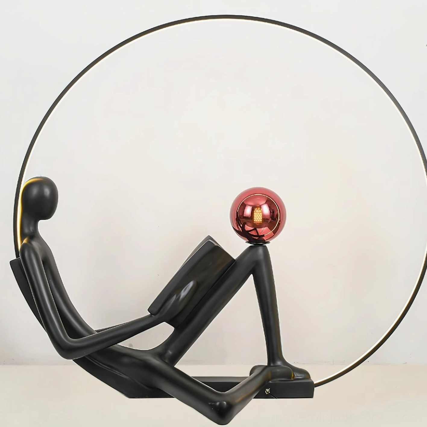 Modern art floor lamp reading statue figure, black and red color scheme, 50000 hour LED lifespan