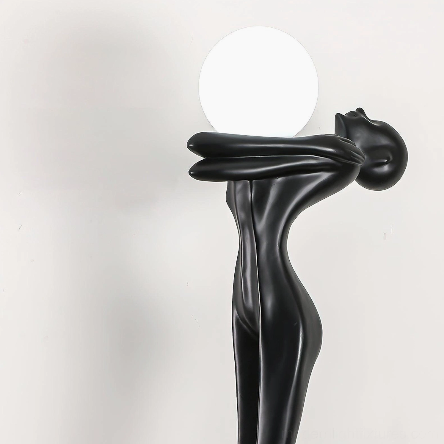 Modern art floor lamp sculpture form, frosted glass globe, matte black resin artistic lighting