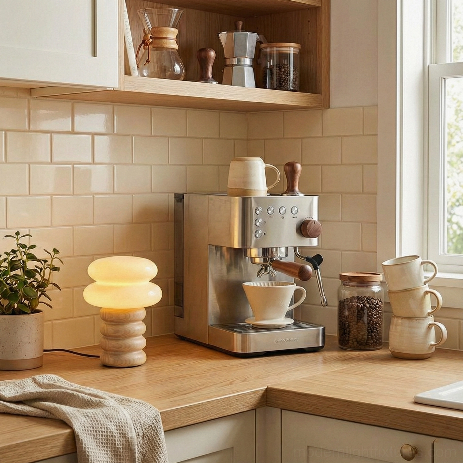 Modern wooden table lamp in contemporary home kitchen beside coffee machine warm lighting