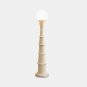 Modern bamboo joint floor lamp with spherical frosted white diffuser, front studio view showing tiered column design