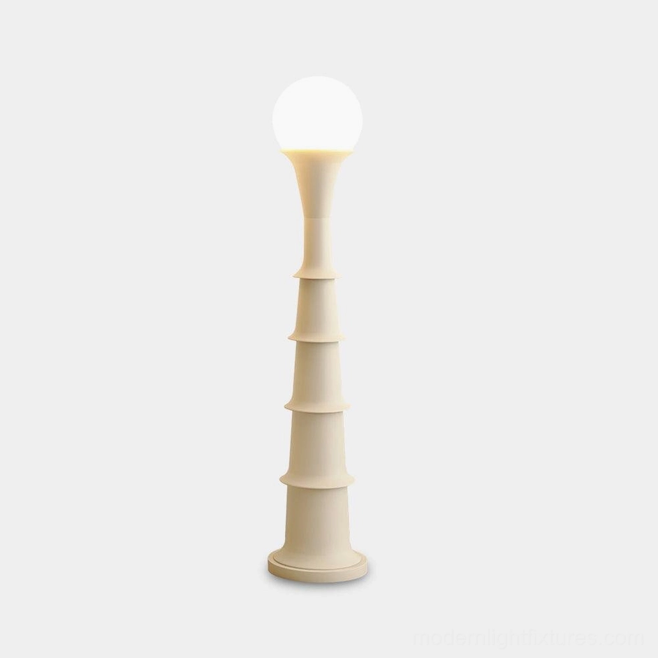 Modern bamboo joint floor lamp with spherical frosted white diffuser, front studio view showing tiered column design