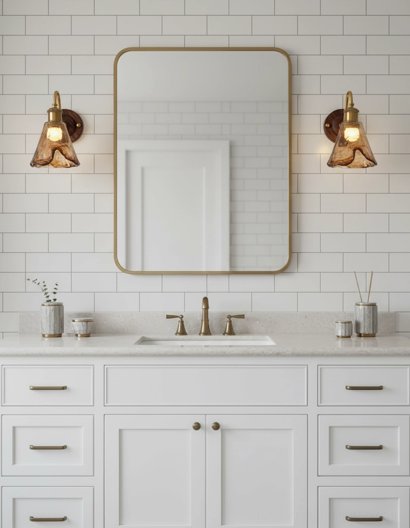 Two matching wall sconces flanking mirror in modern bathroom double vanity with subway tile walls