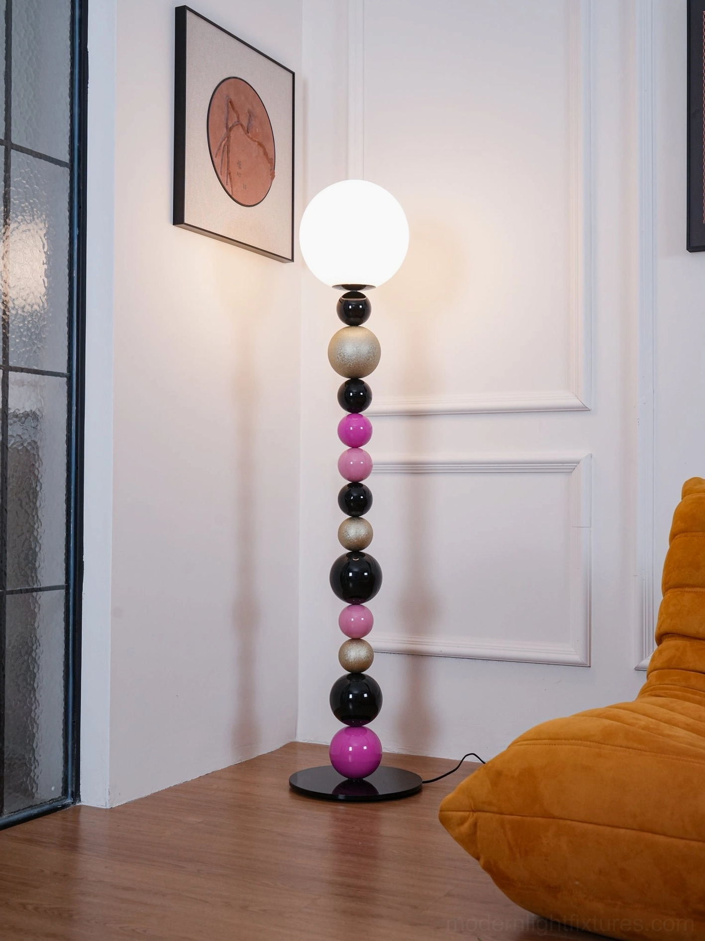 Colorful round ball floor lamp side angle view showing full height and proportions, contemporary lighting fixture