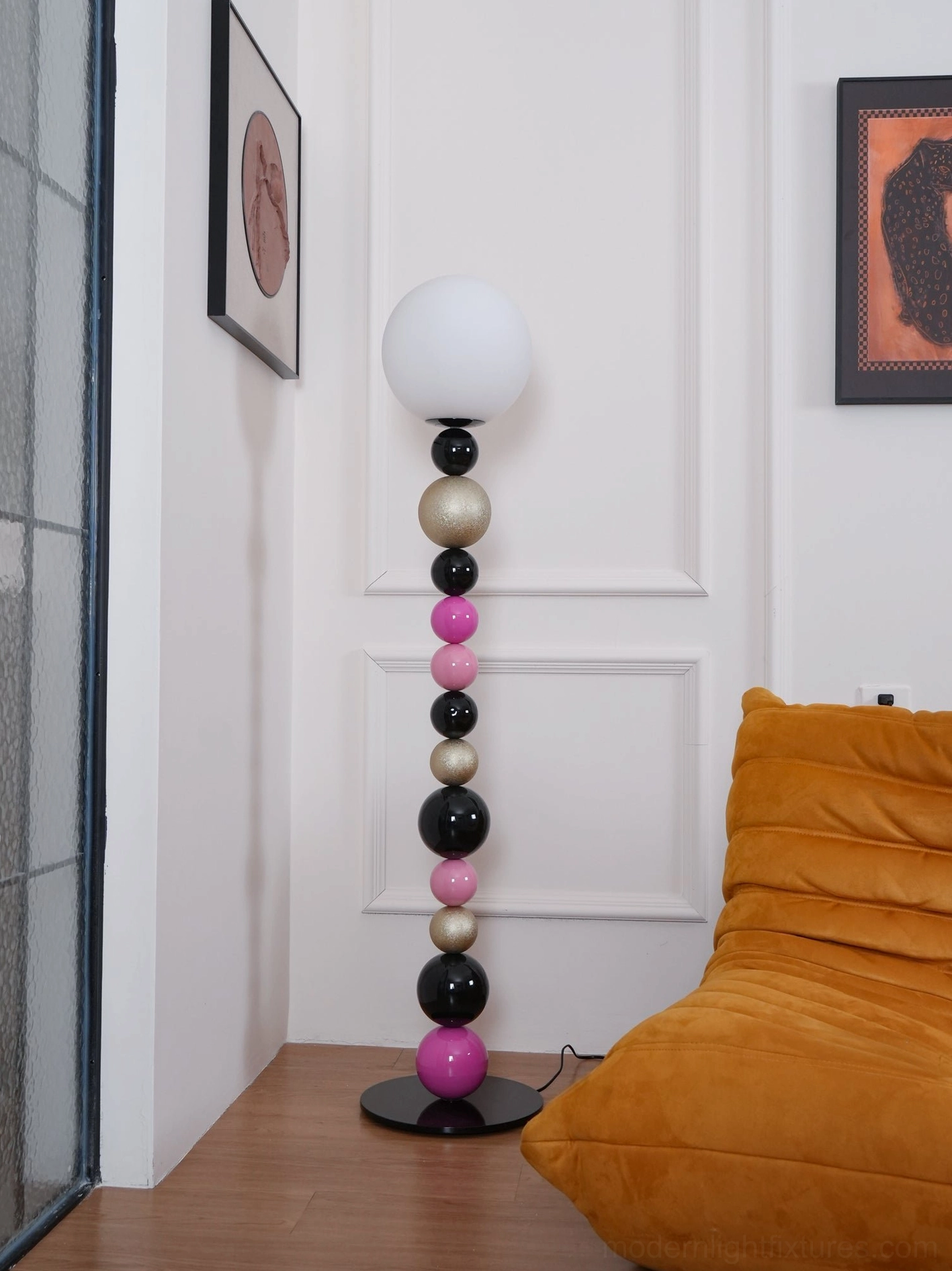 Modern beaded ball floor lamp glowing in evening setting, atmospheric ambient lighting for living space