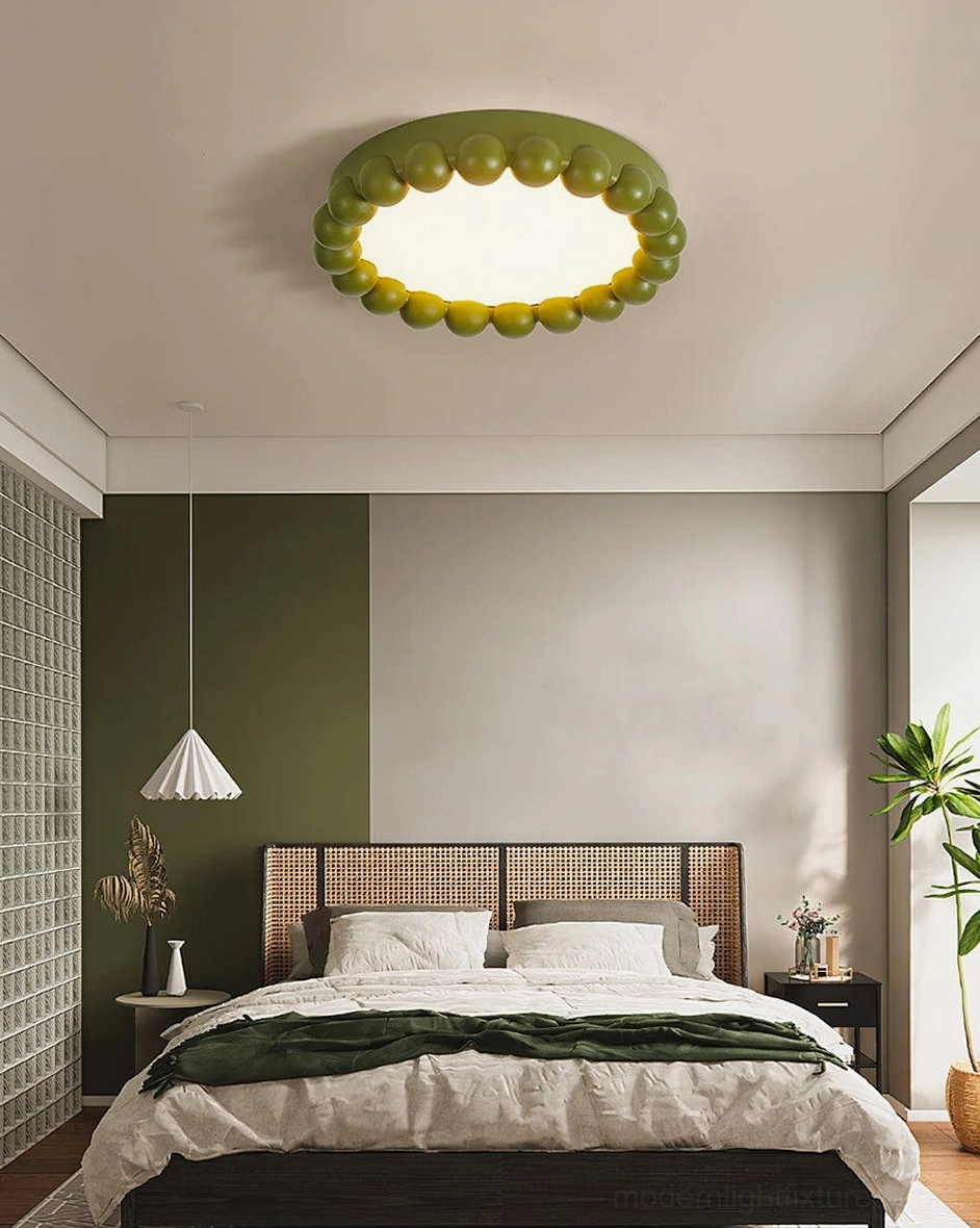 Modern beaded recessed LED ceiling light showing sculptural bead design detail in studio