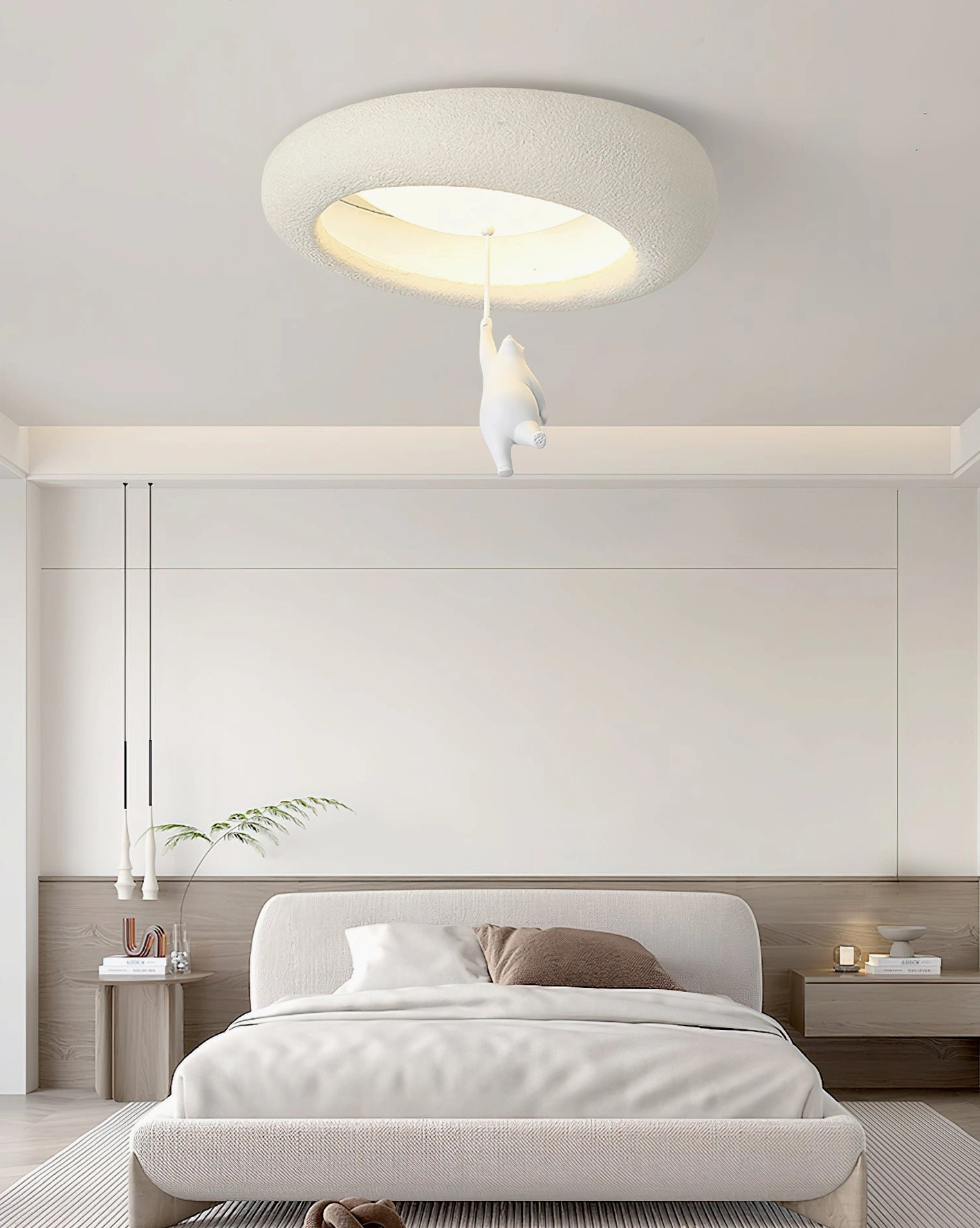 Contemporary bear ceiling light installed in modern master bedroom creating soft ambient illumination with minimalist décor
