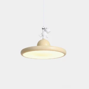 Cute bear pendant light front view, modern resin hanging lamp with cream beige shade and white bear figurine climbing cord