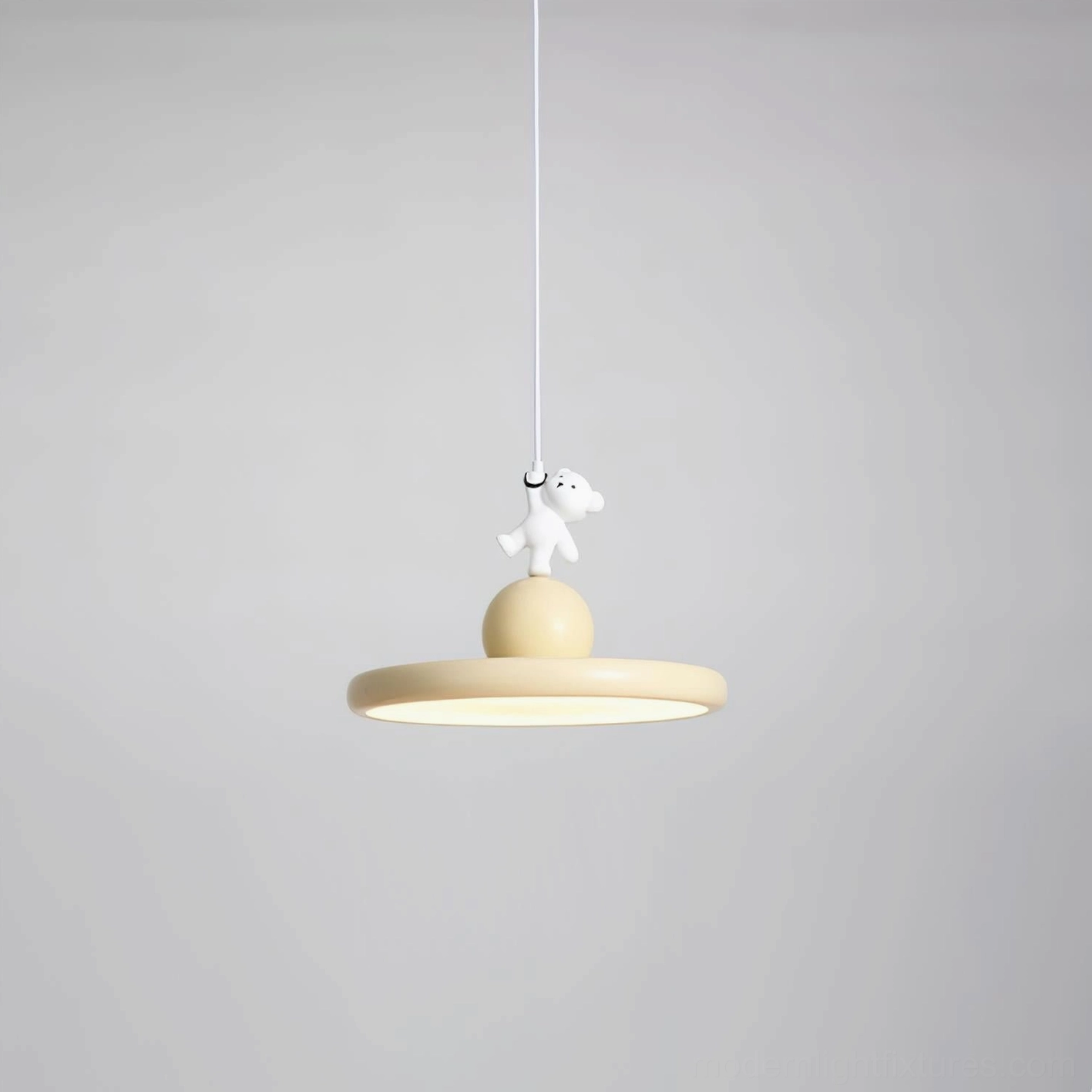 Modern bear pendant light low angle, playful hanging lamp showcasing minimalist beige and white color scheme design