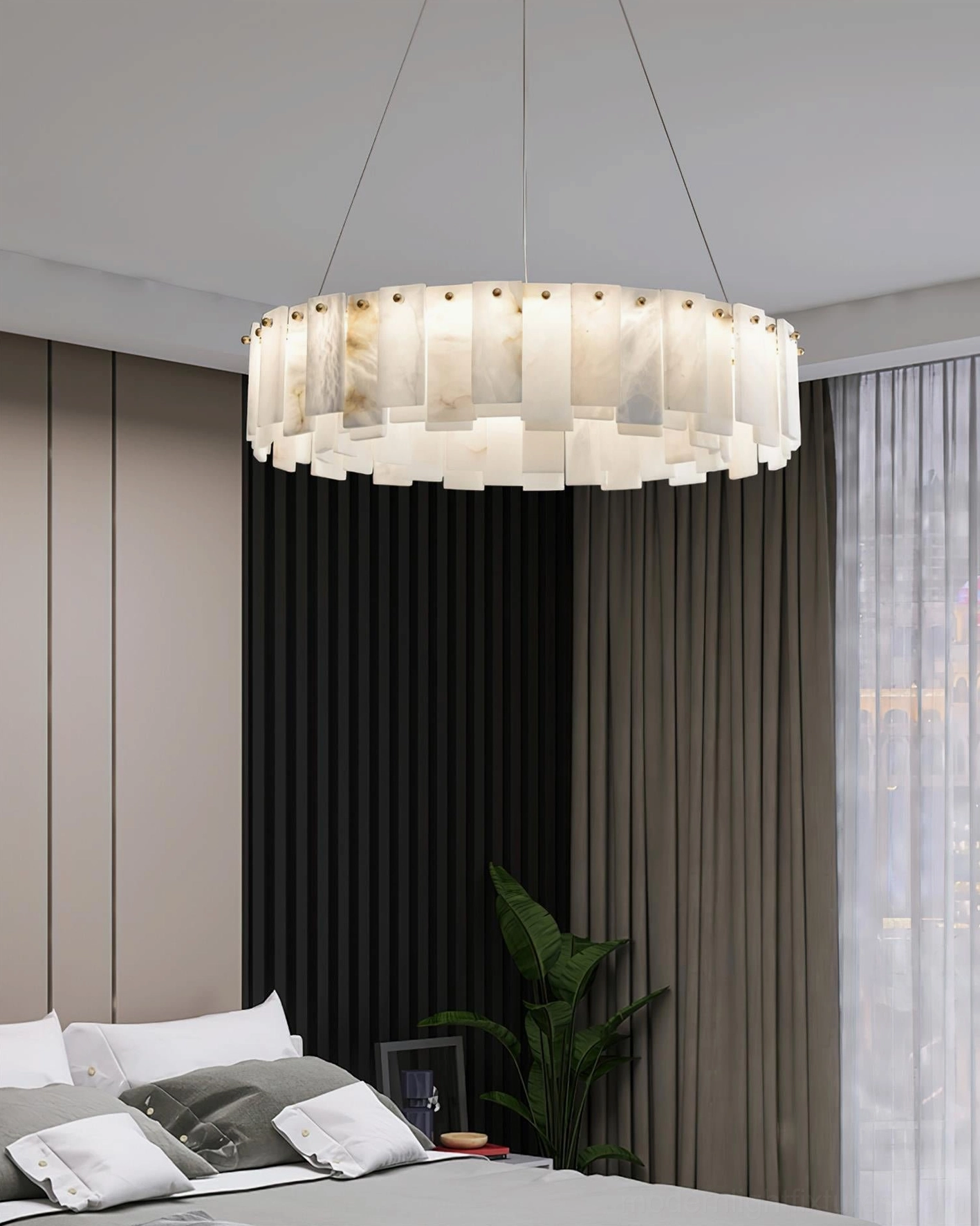 Single-tier circular alabaster chandelier installed in modern minimalist bedroom, warm ambient light from natural stone ring fixture creating soft luminous glow