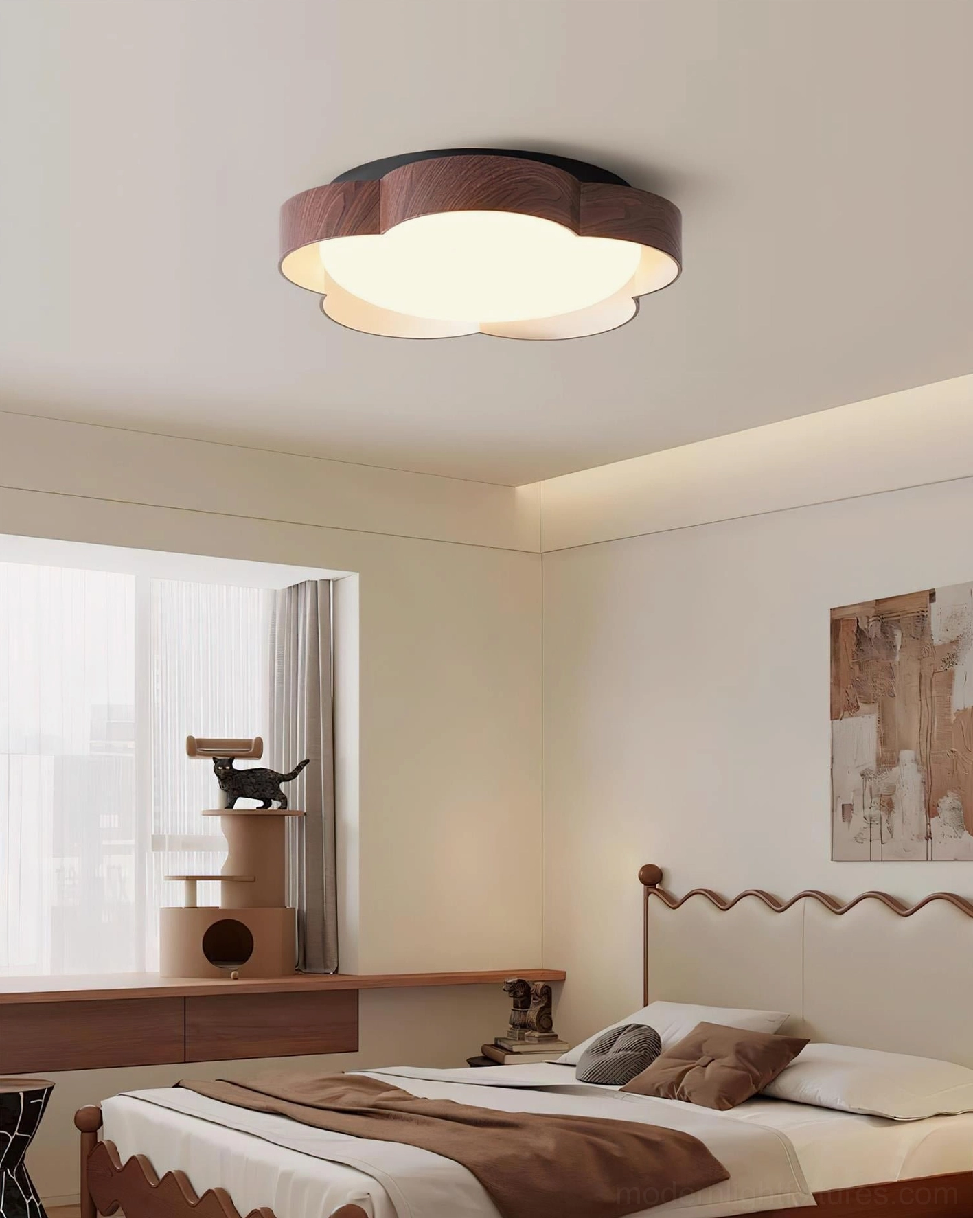Modern flush mount ceiling light in master bedroom - flower-shaped design with wood accent trim
