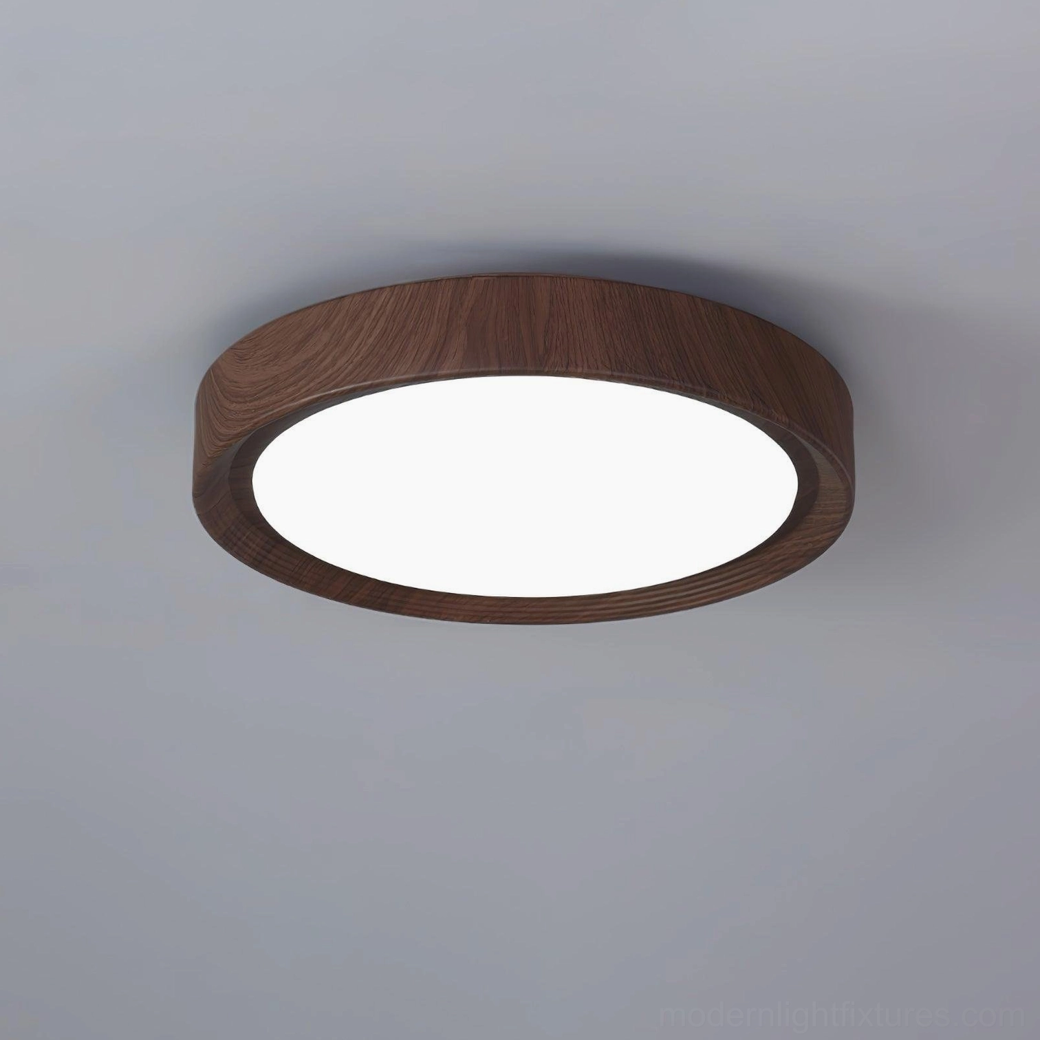 Modern bedroom with large windows and wall art featuring walnut wood grain ceiling light fixture, minimalist warm decor