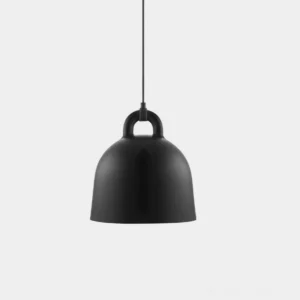Modern bell pendant light with matte black resin shade, minimalist design studio view