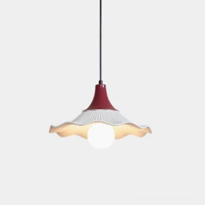 Berry fluted ceramic pendant light with burgundy metal top and pleated white shade on pure white background - front view