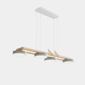Modern bird linear chandelier with wooden beam and minimalist lamp shades in studio overhead view