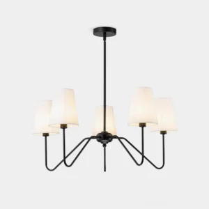 Modern black fabric chandelier with 5 curved arms and tapered off-white linen shades, studio front view