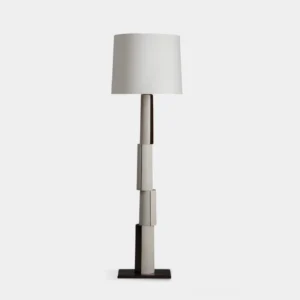 Modern block floor lamp with segmented two-tone white and dark gray pole, square white fabric shade, and square base - minimalist geometric design