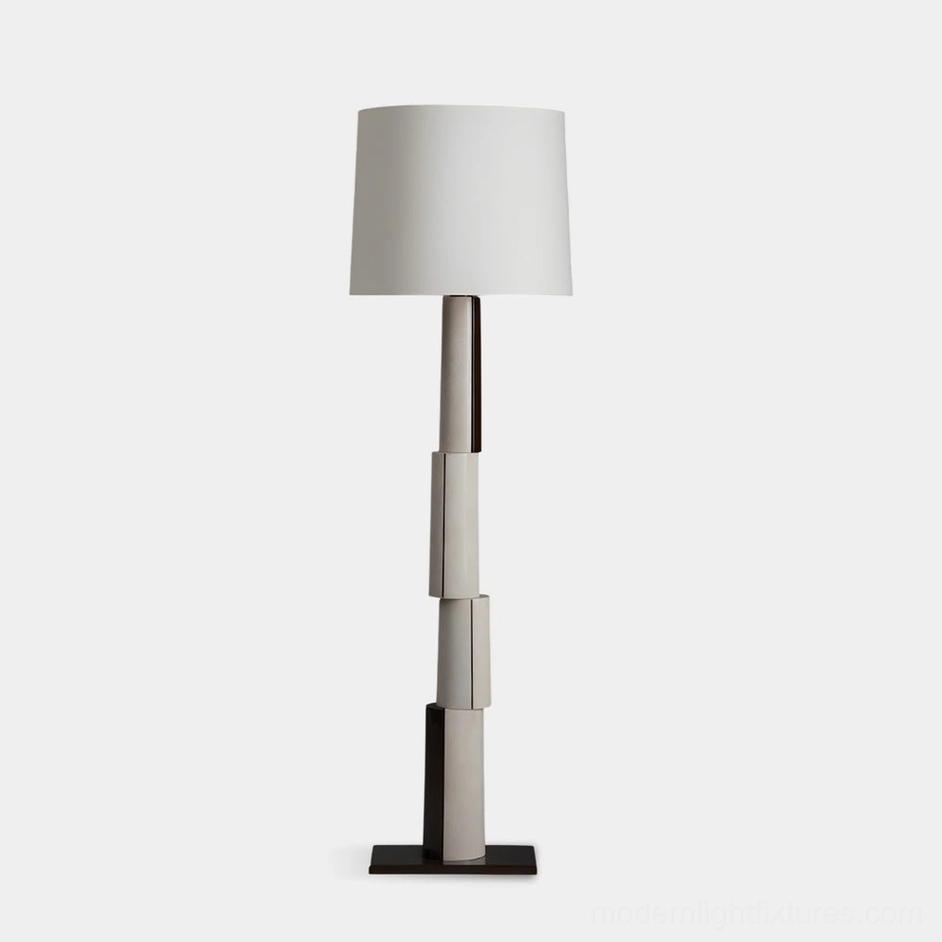 Modern block floor lamp with segmented two-tone white and dark gray pole, square white fabric shade, and square base - minimalist geometric design