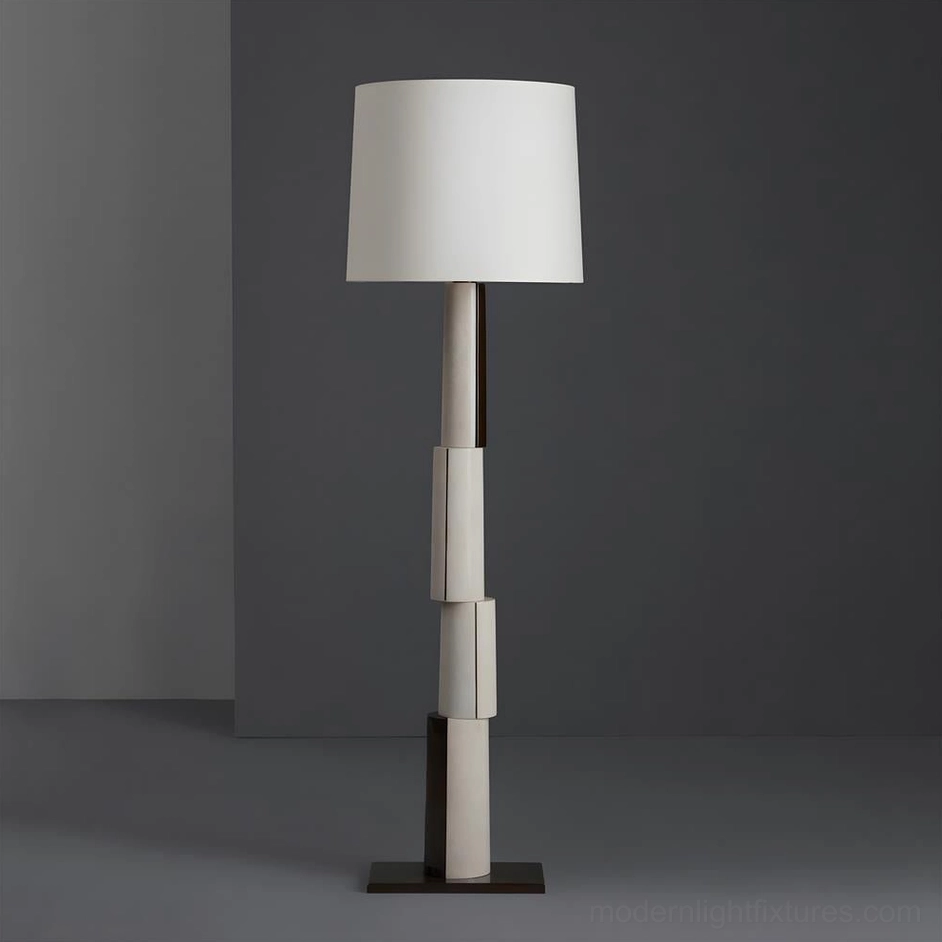 Block floor lamp with white square fabric shade, segmented two-tone pole, and dark square base - geometric minimalist design