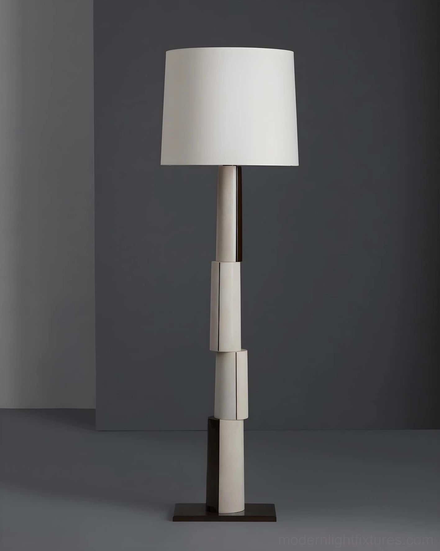 Block floor lamp with segmented two-tone pole and white square fabric shade - minimalist luxury geometric floor lighting