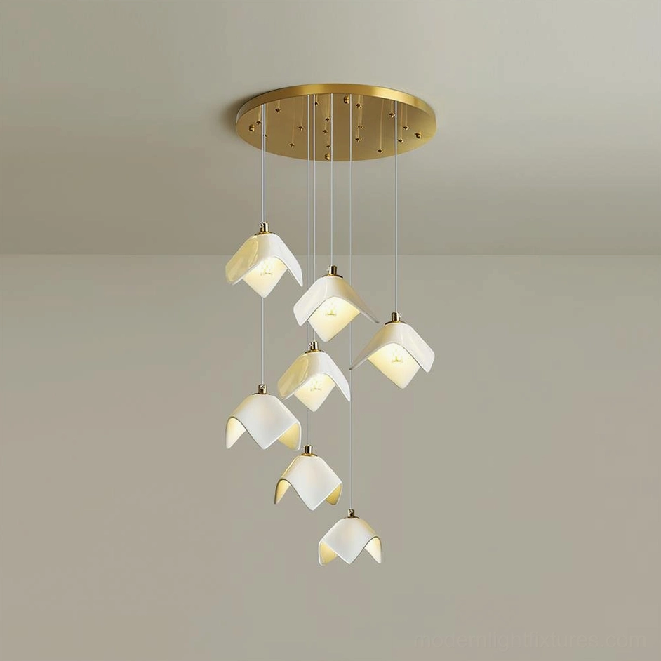 Modern cascading bloom pendant chandelier showing full bell-shaped ceramic shade arrangement and golden details