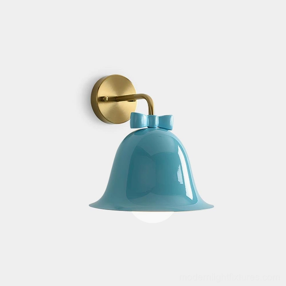 Modern blue ceramic bell wall sconce with brass mount and decorative bow knot detail in Nordic minimalist style