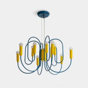 Modern blue and yellow sculptural chandelier with looping metal arms studio front view