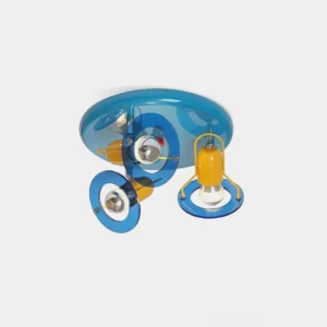Modern round blue and yellow three-head adjustable ceiling light fixture with transparent acrylic trim, three-quarter top view