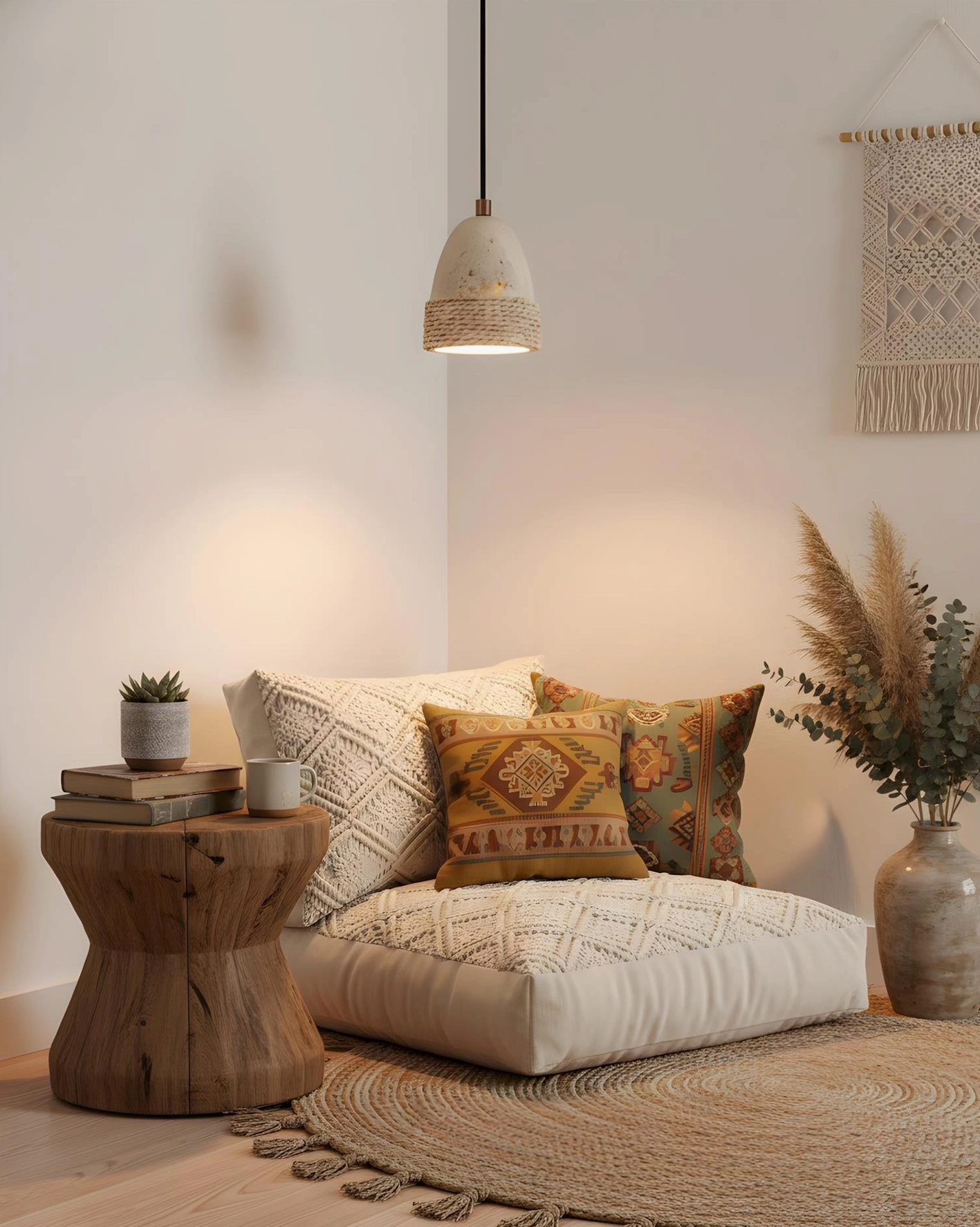 Boho rattan and travertine pendant light mounted in contemporary minimalist interior setting
