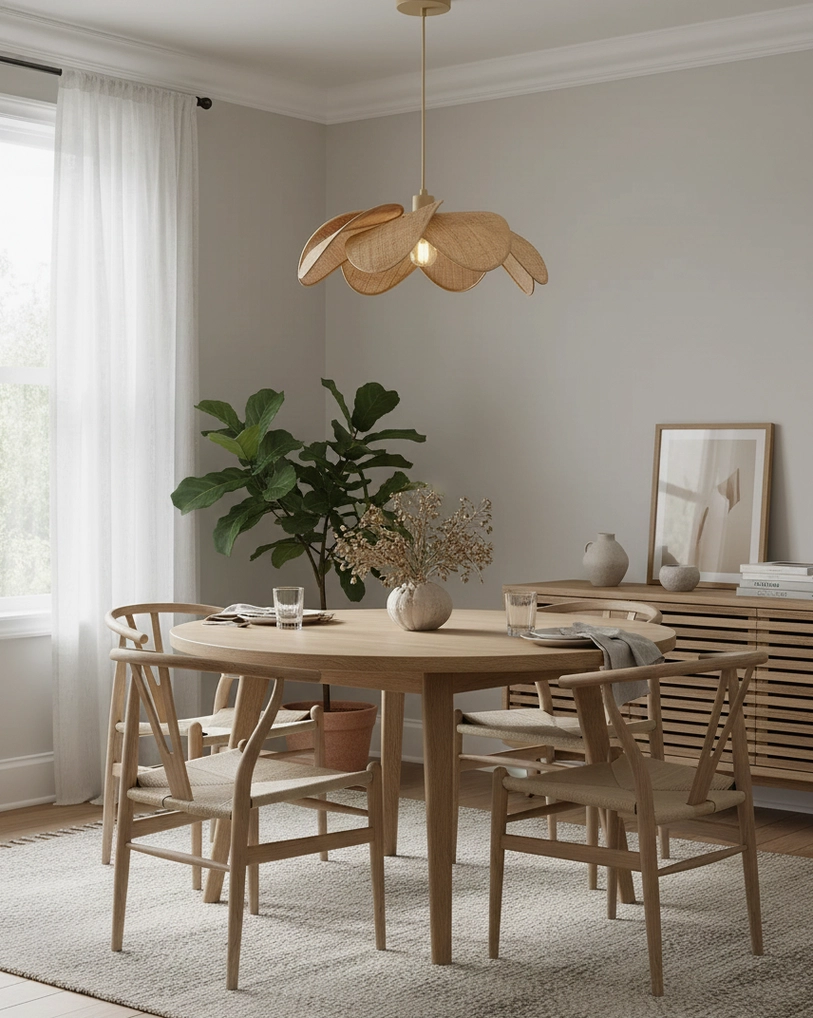 Modern boho rattan petal pendant lamp providing soft diffused illumination in contemporary home decor