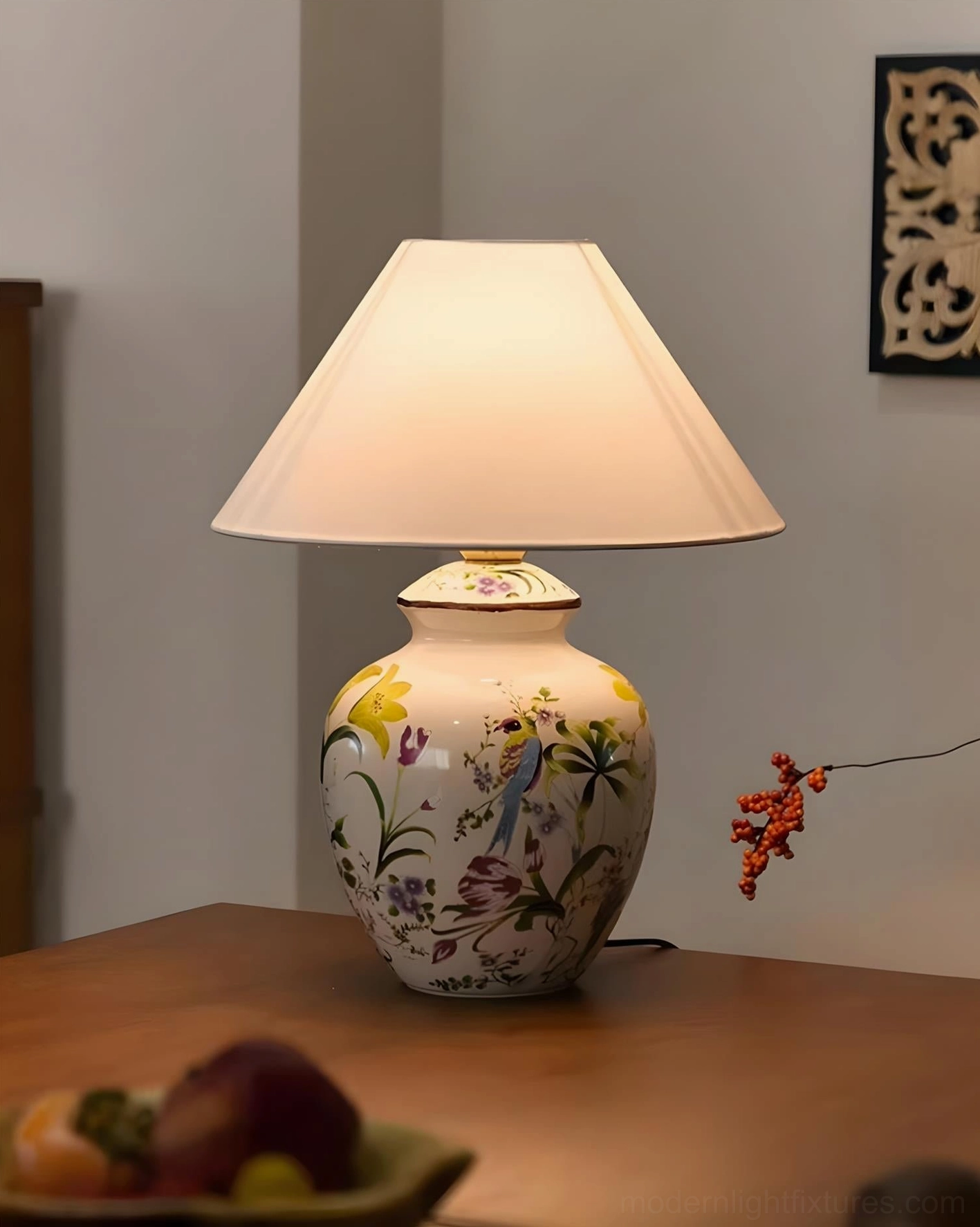 Modern botanical ceramic table lamp featuring intricate hand-painted floral pattern and graceful songbird design on premium porcelain