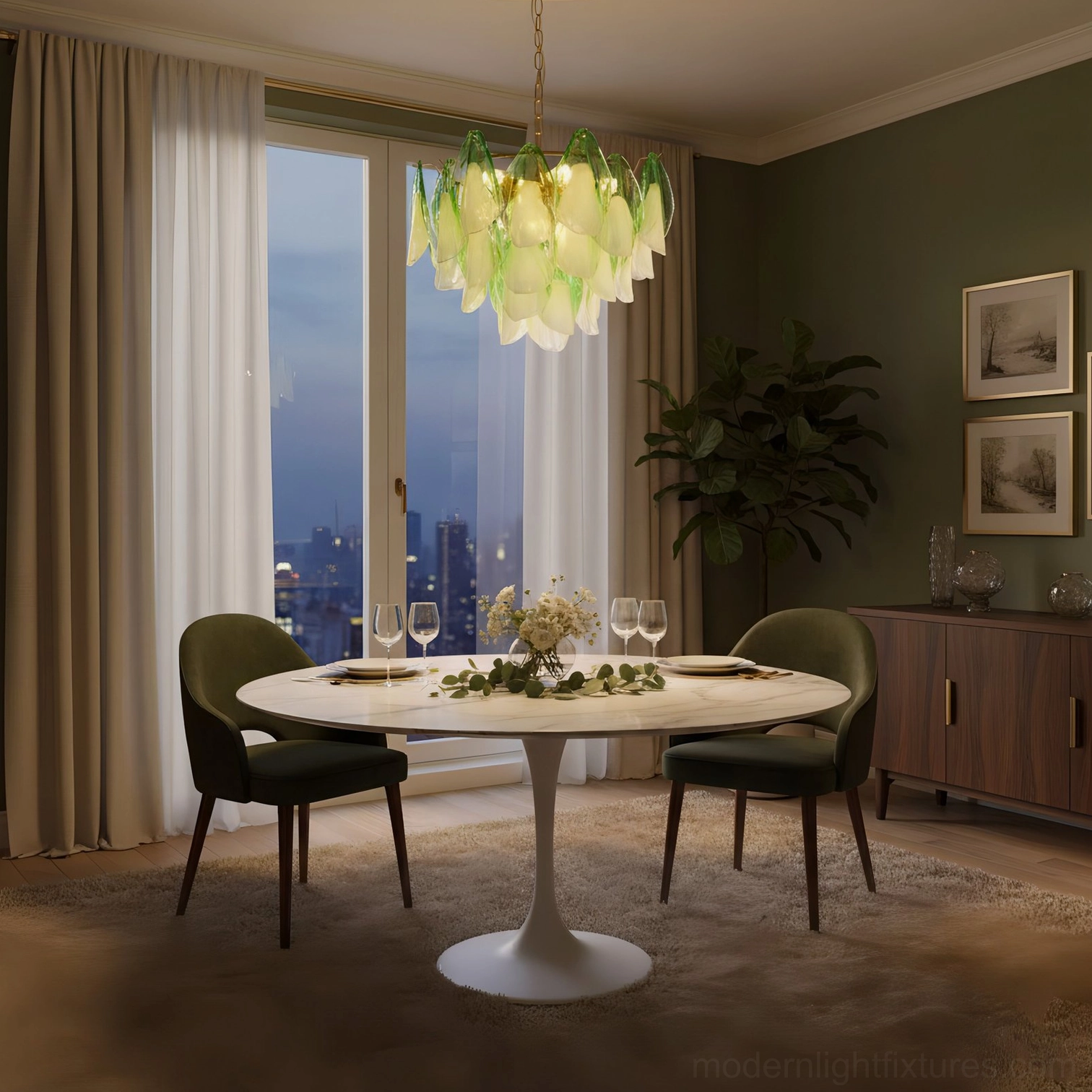 Modern botanical chandelier glowing warmly in contemporary residential space with city skyline at night