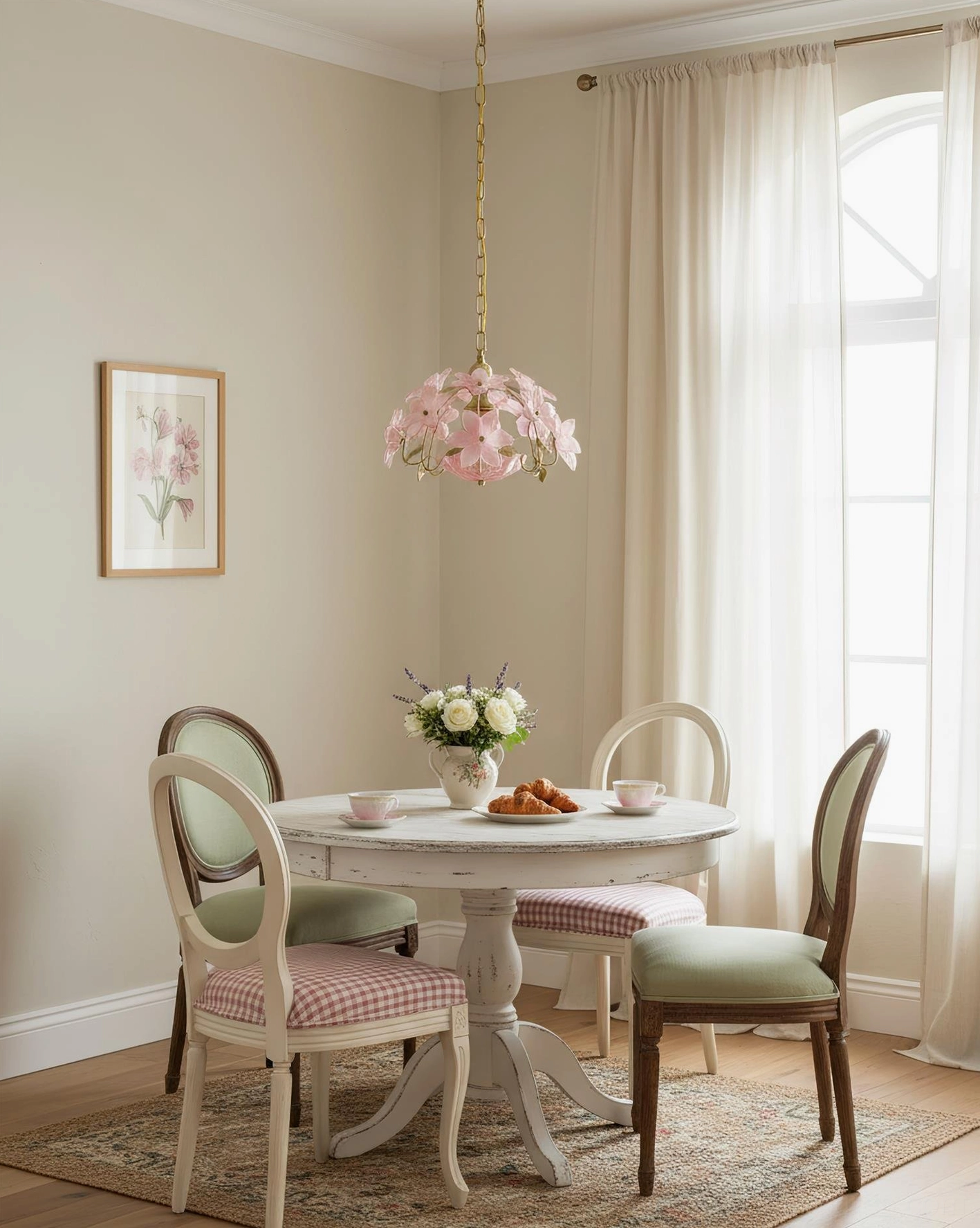 Blossira pink floral pendant in minimalist dining room with warm golden lighting and botanical decor