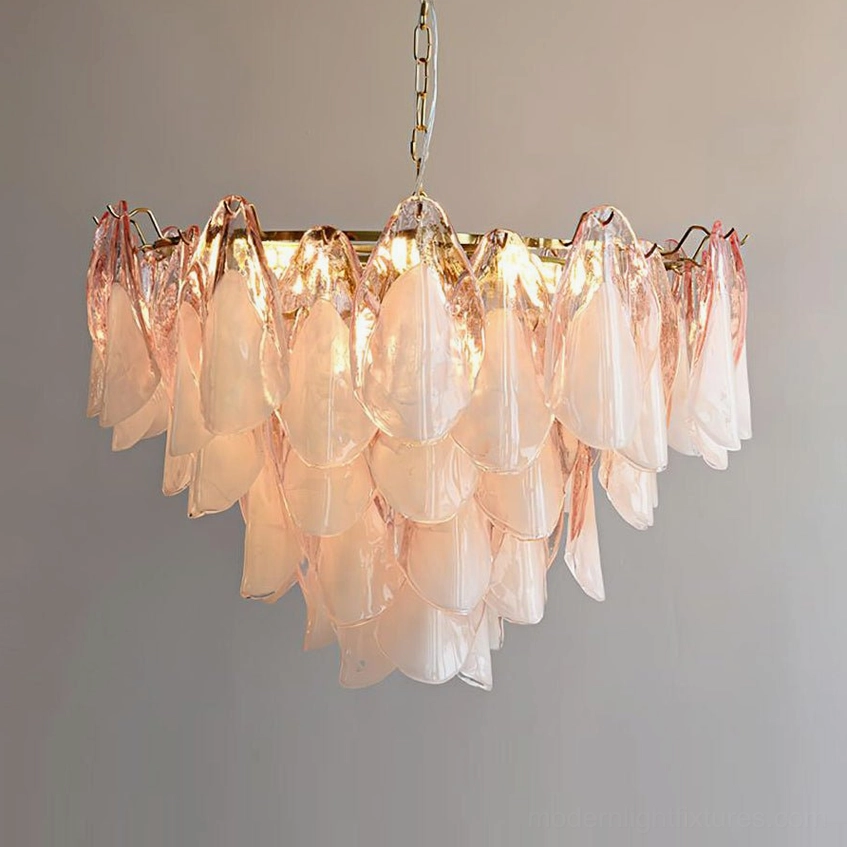 Modern botanical pendant light in pink and white with cascading glass petals and brass frame
