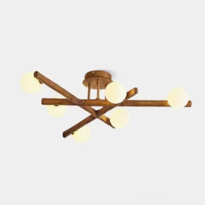 Modern branch ceiling light fixture with wood arms and frosted glass shades - front view product display