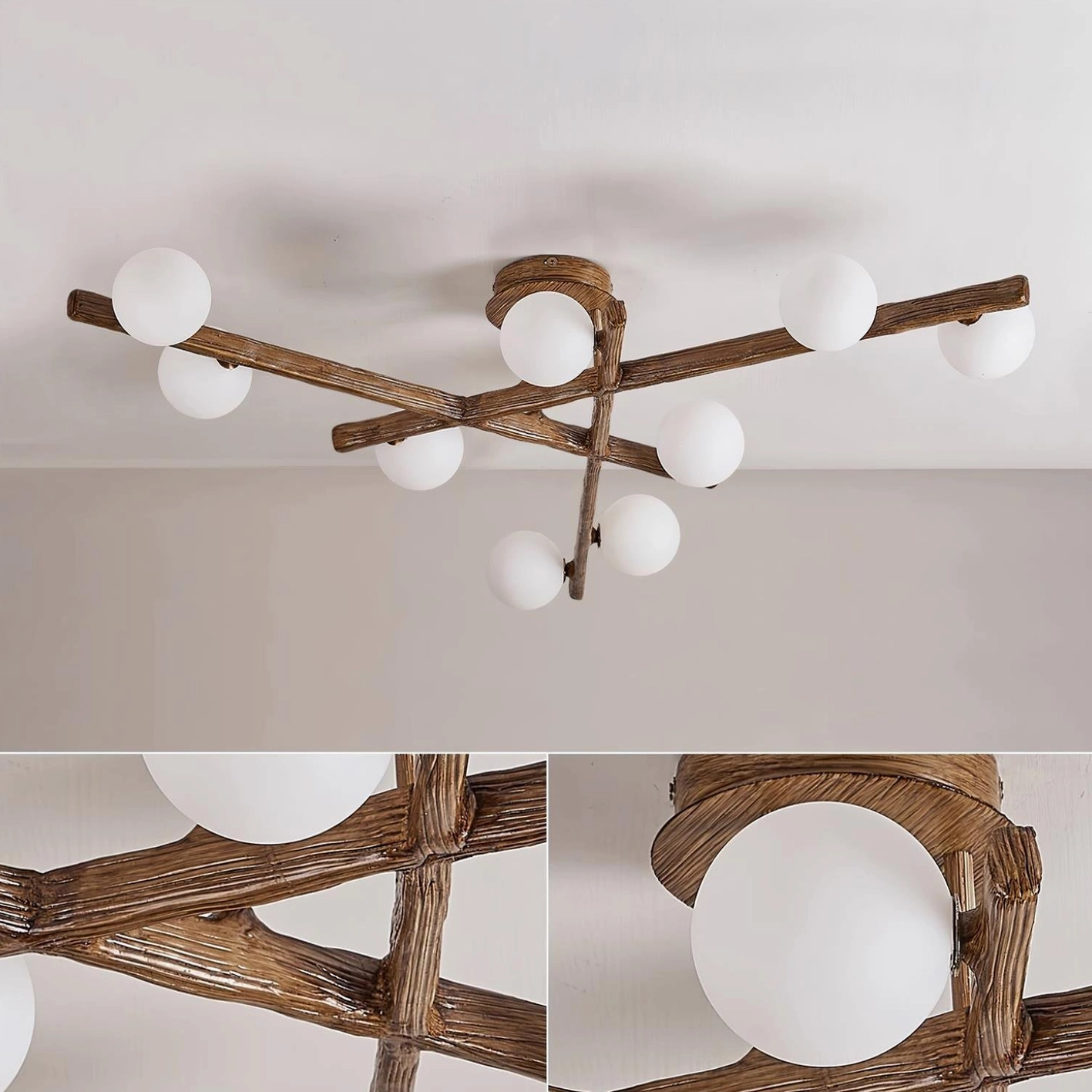 Modern branch ceiling light with metal framework and frosted acrylic shades - architectural detail