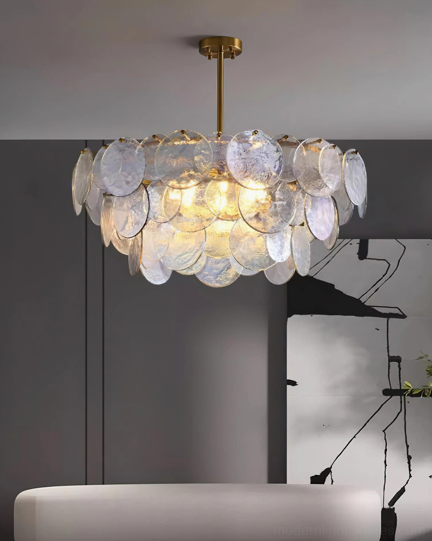 Brass and glass layered disc chandelier modern pendant lighting fixture design angle view