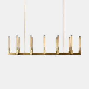 Modern linear brass glass chandelier front view studio display with clear ribbed glass shades
