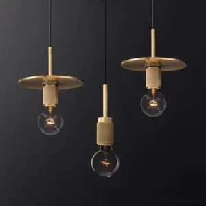 Set of three brass pendant lights, multiple modern glass shade styles grouped together