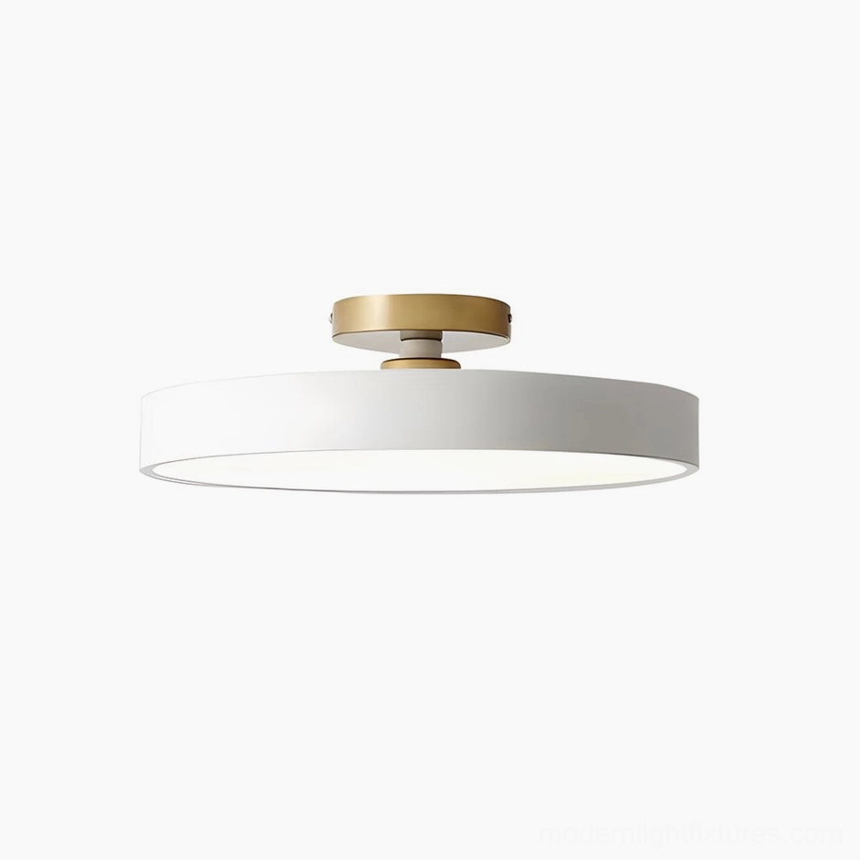 Modern brass plate ceiling light fixture in white finish with warm LED illumination