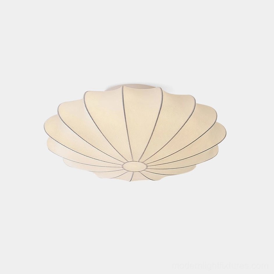 Modern bubble ceiling light fixture front view showing scalloped silk shade with traced line texture detail