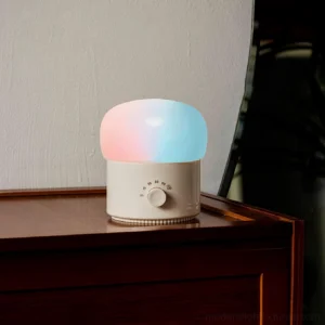 Bubble table lamp displayed on dark wood side table with warm indoor ambient lighting, frosted glass shade creating soft glow